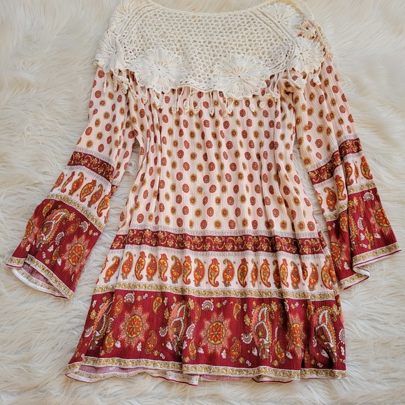 Tassels Lace Dress Cream Orange Paisley Boho Long Sleeve Crochet Peasant Neck S - Picture 6 of 10